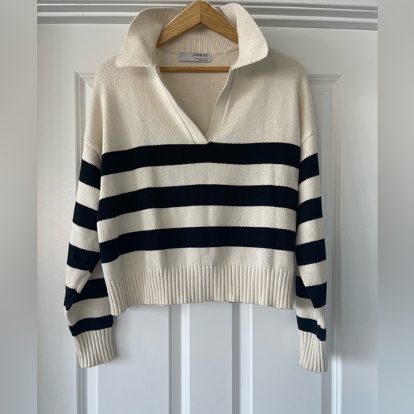 Sophie Rue Cropped Collared Cream and Black Stripped Sweater - Picture 3 of 6